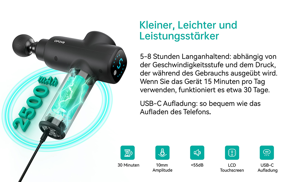 Масажний пістолет Opove M3 Масажний пістолет, масажний пістолет з сенсорним РК-екраном до 2500 об/хв 10 мм амплітуда із зарядним портом USB C Акумулятор 2500 мАг для полегшення болю в м'язах, M3 Black Jet Black