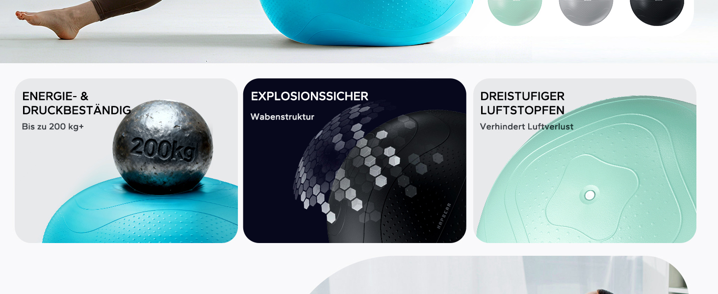 Гімнастичний м'яч HAPBEAR 55/65/75см - Анти-вибух, неслизький, з масажними попками, товстий PVC, до 200кг, комплект з насосом та гумками для фітнесу, офісу та йоги (Хмарно-блакитний, XL)