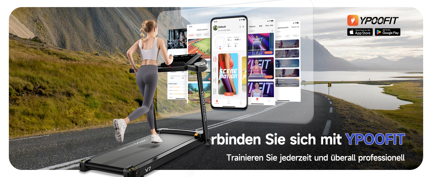 Біговий тренажер YPOO для дому, складаний з нахилом 8%, тихий до 13 км/год з великою поверхнею для бігу, 2.5 HP з LED-дисплеєм та APP, максимальне навантаження 140 кг