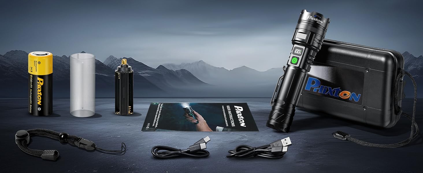 Тактичний ліхтарик Phixter з LED, 100000 люменів, 1 режим, Zoom, USB-C, для активного відпочинку та безпеки
