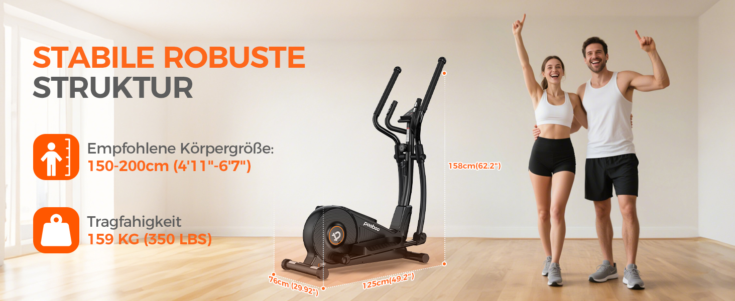 Еліптичний тренажер Pooboo 07-Basic Black з магнітною системою, LCD-монітором та кроком 15,5 дюймів. Витримує вагу до 158 кг, 16 рівнів навантаження.