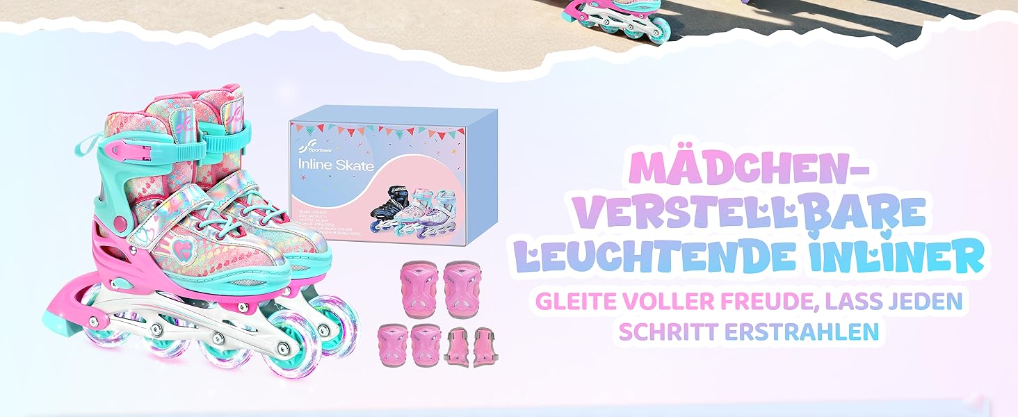Дитячі ролики Sportneer з регульованим розміром 30-41, комплект з 6 захисними елементами, LED ролики для дівчаток та жінок, рожевий колір, розмір L (EU 38-41)