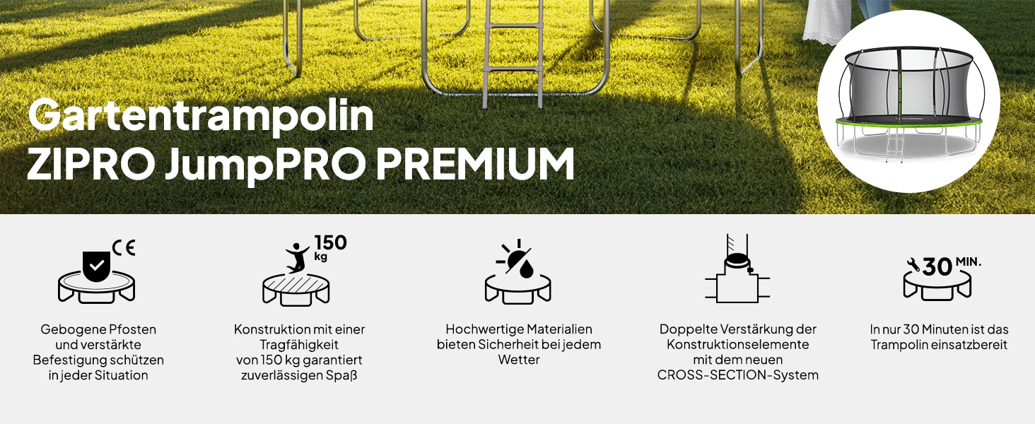 ZIPRO JumpPro Premium Трамплін для дітей Outdoor з сіткою, вологостійкий, захист від УФ, проста збірка, вантажопідйомність до 150 кг, діаметр 252/312/374/435/496 см
