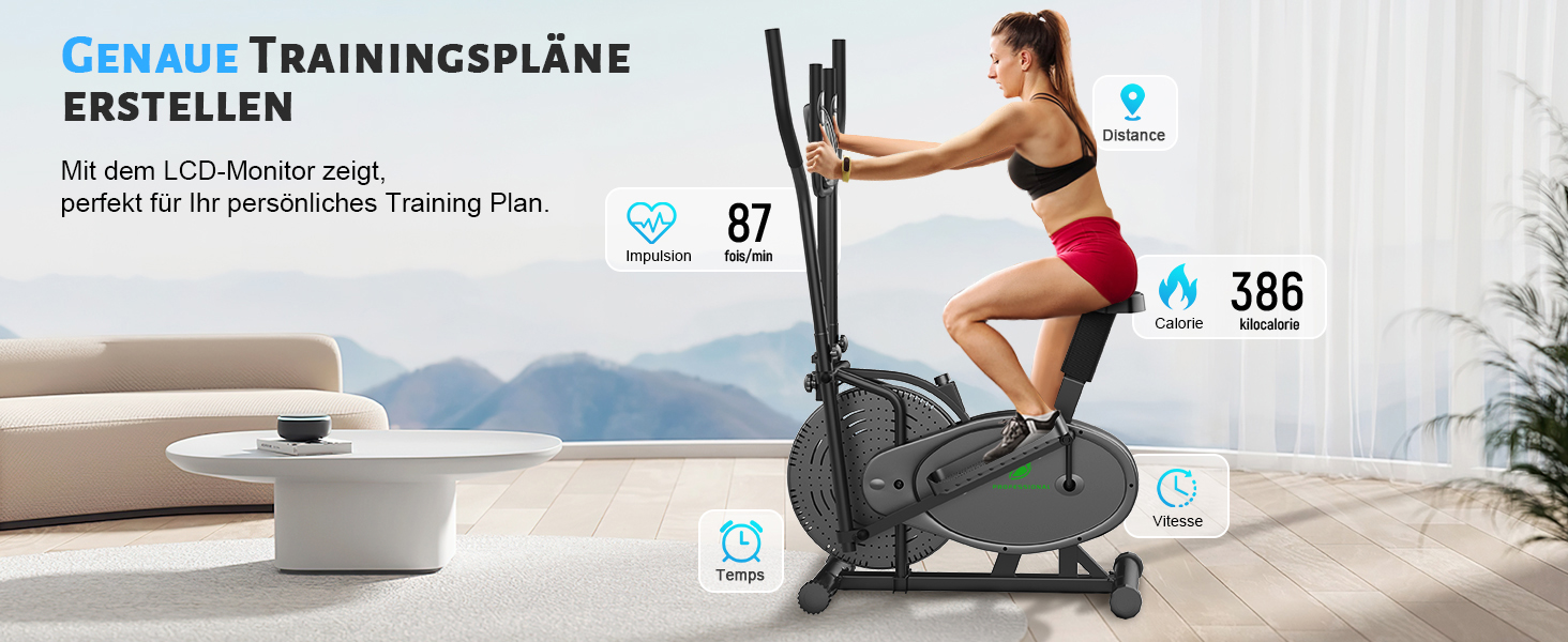 Еліптичний тренажер 2 в 1 з функцією степпера для дому, чорний. З LCD-монітором та регулюванням опору.