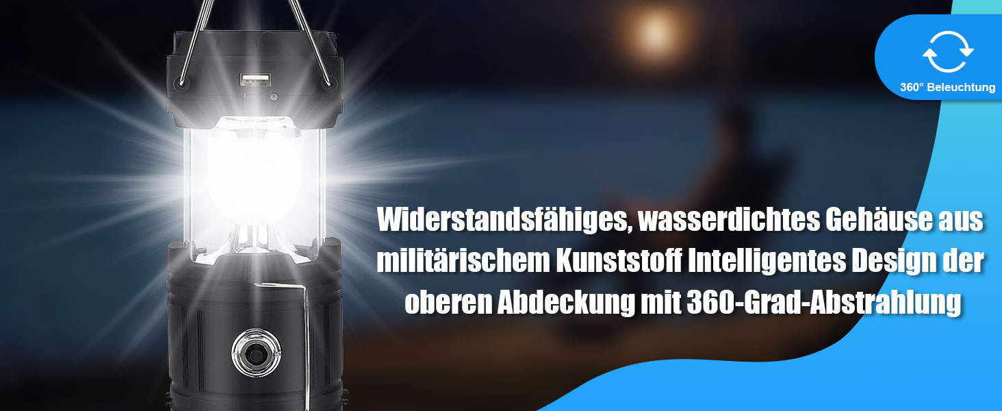 Сонячна кемпінгова лампа EXTRASTAR: LED ліхтар 5W, 2-в-1 (ліхтар + ліхтар для намету), USB/Сонячна/Акумуляторна, водонепроникна, для відпочинку на природі, риболовлі, кемпінгу та походів