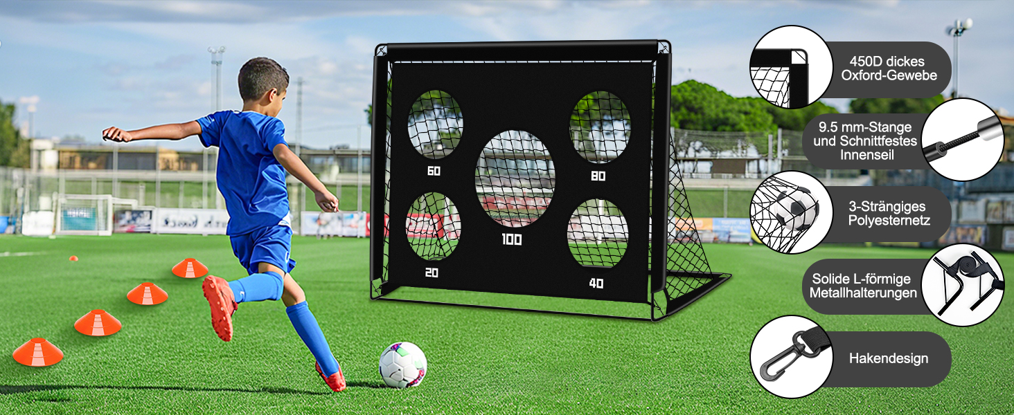 Дитячі ворота для футболу 2-в-1, 150x120 см, портативні та стабільні, 5 цілей, 4 анкера, сумка, для саду, парку, пляжу, чорний
