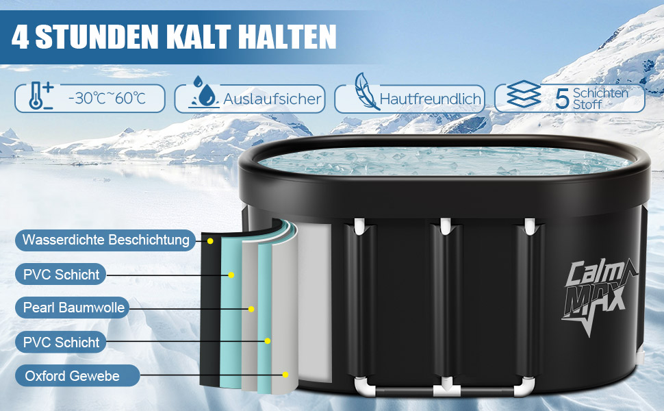 Овальна крижана ванна CalmMax (довжиною 105 см) XL з чохлом - складна ванна для дорослих, ізольована бочка для льоду для приміщень та вулиці, терапія холодом для спортсменів, крижана ванна/холодне занурення для дому чорна довжиною 105 см
