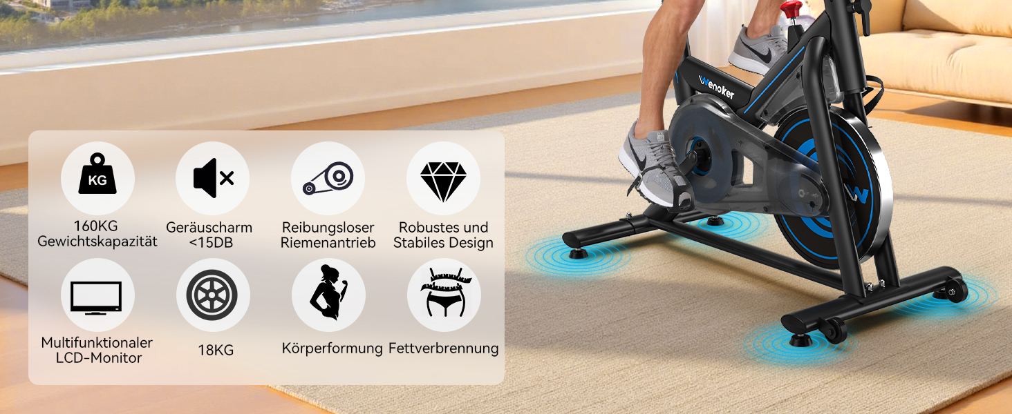 Велотренажер Wenoker з додатком, тихий ергометр, фітнес-велосипед для кардіотренувань вдома, до 160 кг, чорно-синій