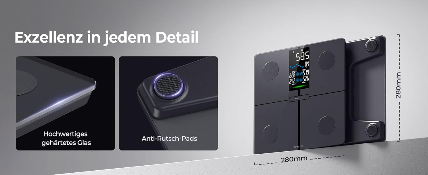 Ваги Ovutek для людей, цифрові ваги з аналізом складу тіла, 180 кг, дисплей, BMI, жир, м'язи, вода, 14 показників, фітнес-додаток, чорний