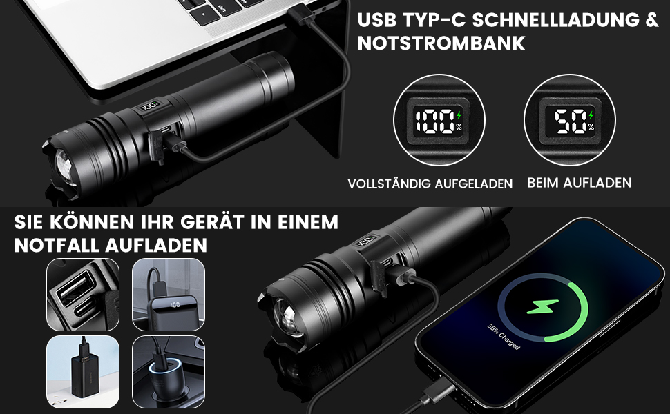 LED ліхтарик LEKIA PHM-30W: 500000 люменів, USB-C, військовий, 5 режимів, IPX6, Zoom, для кемпінгу та надзвичайних ситуацій