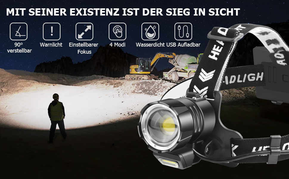 Налобний ліхтар NAKCNM LED 15000 люмен з COB світлом, акумуляторний, з заднім світлом, 4 режими, регульований фокус, водонепроникний, для риболовлі, туризму, бігу, кемпінгу та пригод