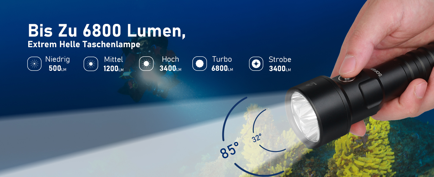 Ліхтарик підводний Sofirn SD09L 6800 люмен, LED, до 100м, з акумуляторами