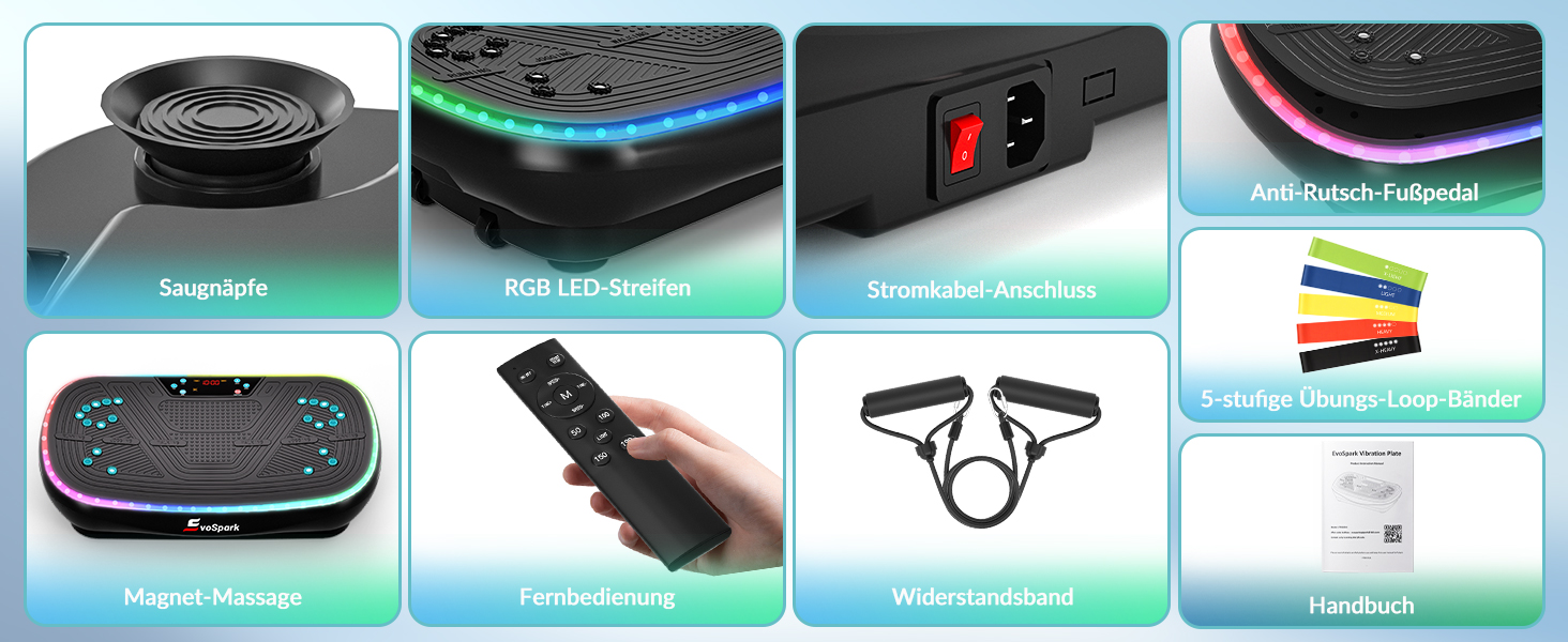 Vibrationsplatte EvoSpark 4D PRO 7-in-1: Тест-переможець 2025, 900W, LED-підсвічування, 550 lbs, для домашніх тренувань