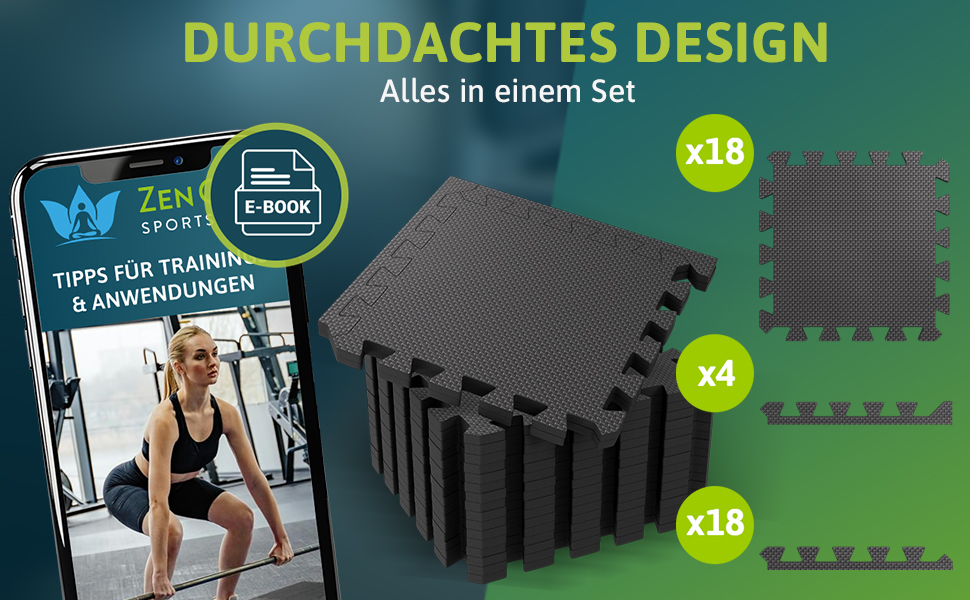 Пазл-килимок для фітнесу ZenOne Sports® 30x30x1 см (18 шт., 1.5 м²) - захисний килимок для тренажерів, чорний