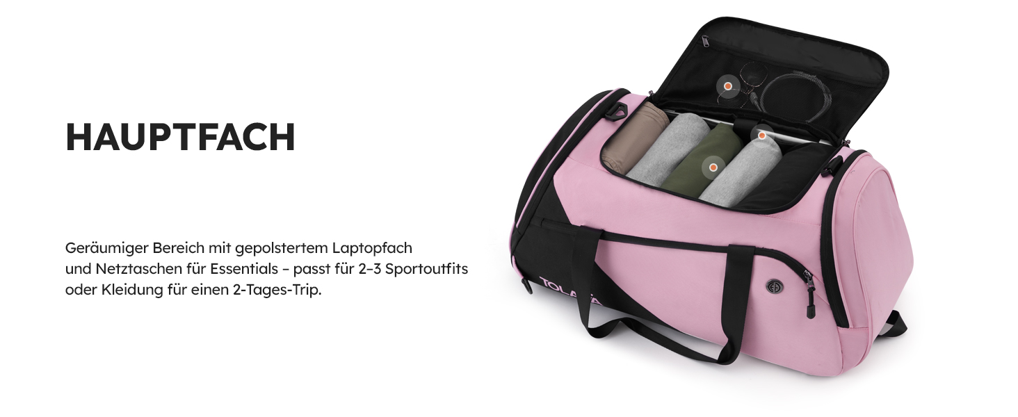Спортивна сумка Tolaccea для чоловіків та жінок з відділенням для взуття та мокрих речей, рюкзак-дуffel для тренувань, фітнесу, басейну, подорожей (47л, чорно-рожевий)