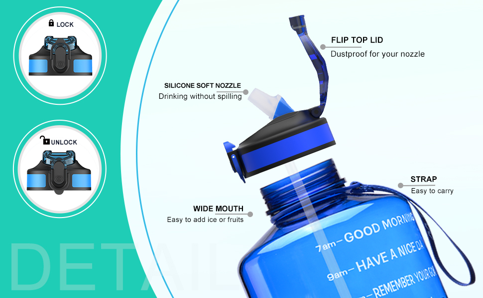 Спортивна пляшка для води 3,78 л з позначками часу та трубочкою, BPA Free, витокозахисна, 3800 мл, блакитна