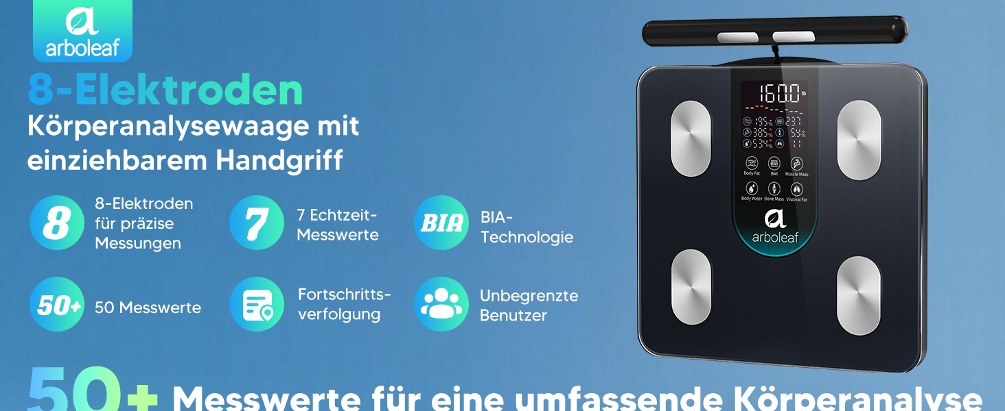 Вага для вимірювання жиру в тілі Arboleaf з датчиками рук, аналіз складу тіла, 50 показників, вага з додатком та великим дисплеєм до 180 кг (Чорний) CS10K