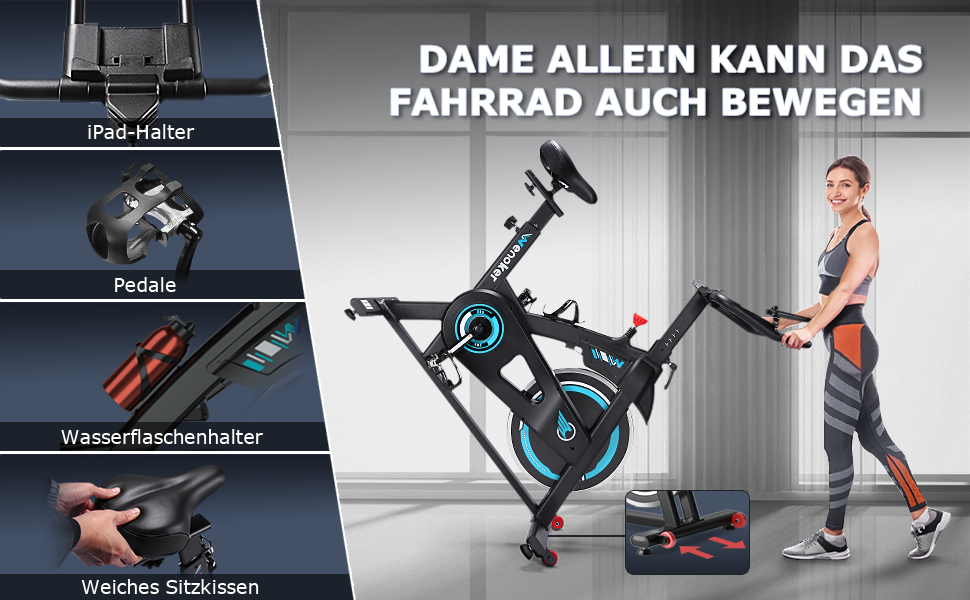 Велотренажер WENOKER з додатком, тихий, комфортний з LCD-дисплеєм, тримачем для планшета, до 140 кг, блакитний