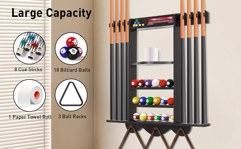 Стенд для київ Leogreen на 8 київ, 18 куль, 3 підставки для куль та рулон паперу. Настінний органайзер з дерева для більярдних кімнат, барів та клубів