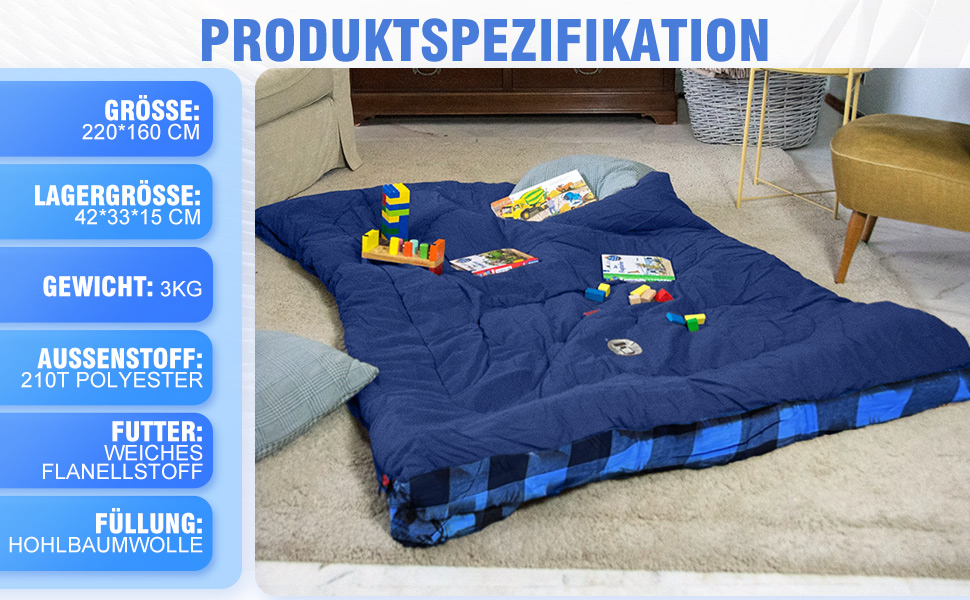 Спальний мішок для двох осіб з флянелі, 220 x 160 см, з двома блискавками, 2 подушки та сумка для перенесення, для дорослих, блакитний