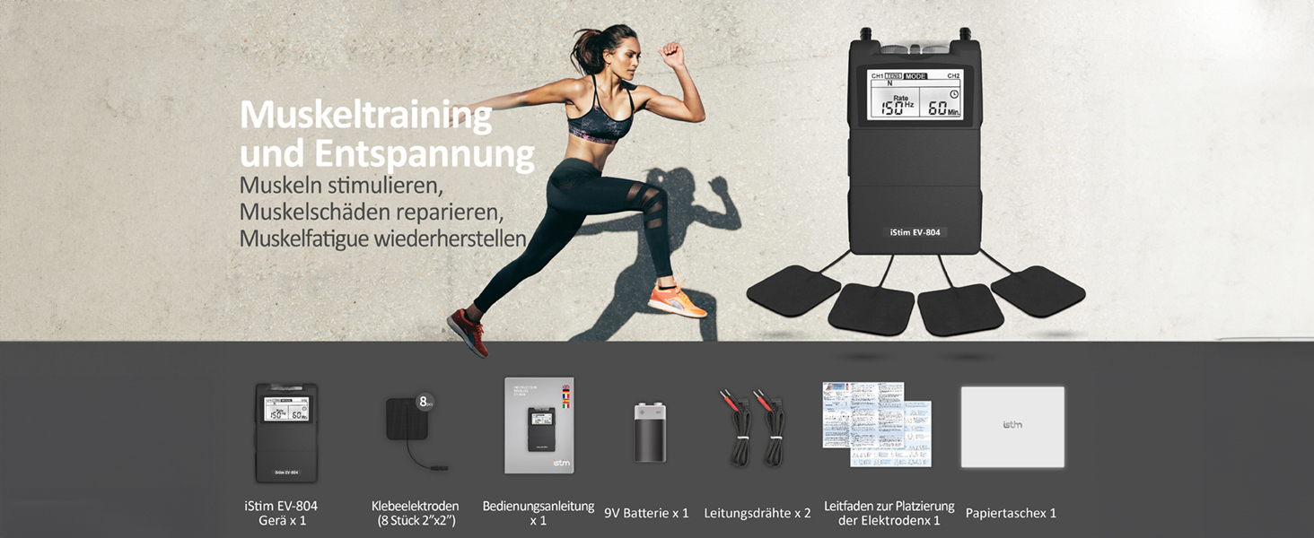 iStim EV-804 TENS/EMS: 2-канальний масажер для зняття болю та м'язової стимуляції – 24 програми, 7 режимів, 8 електродів, для спини, шиї, колін
