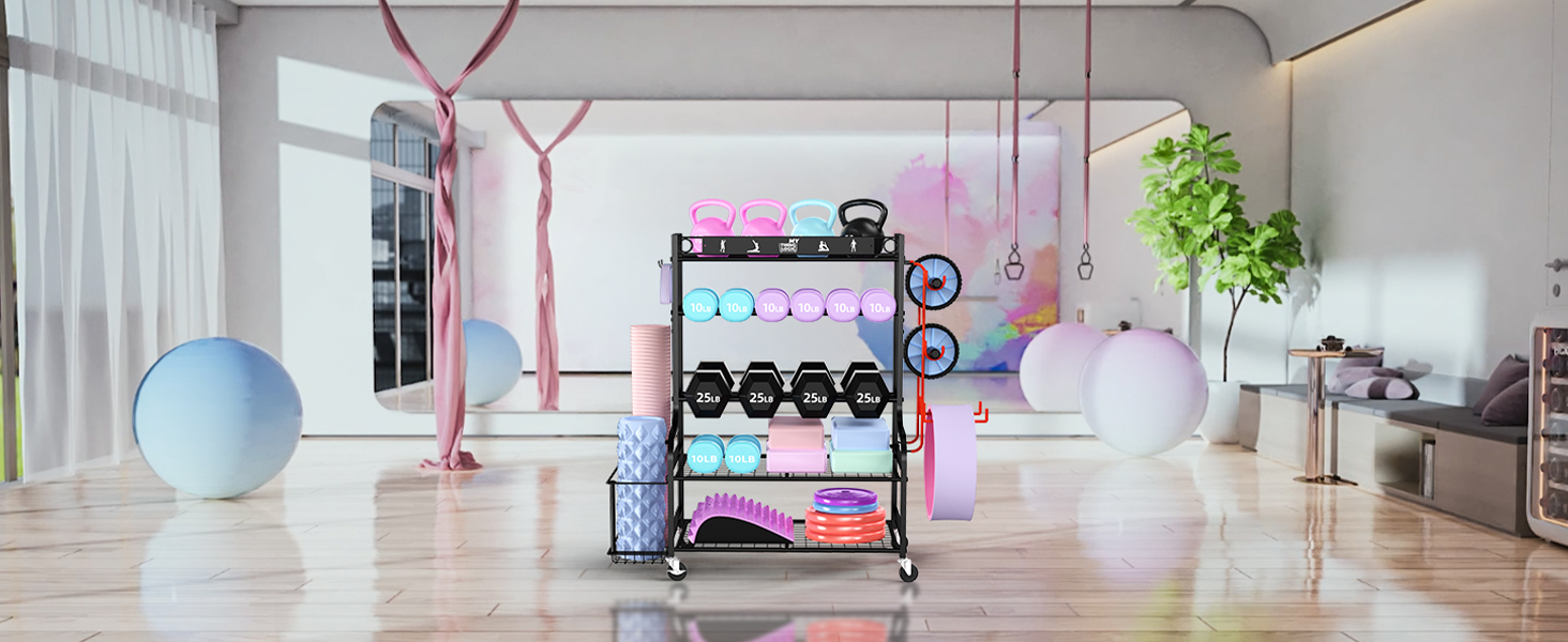 Органайзер для йоги Mythinglogic Regal: килимок, роли, гантелі, блоки. Стенд для фітнес-обладнання. Чорний