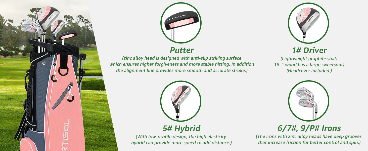 Комплект гольф-клубу на 6 предметів: повний набір з сумкою-стійкою, драйвер #1, гібрид #5, айрони #6/7, #9/P та паттер (для правшів, рожевий)