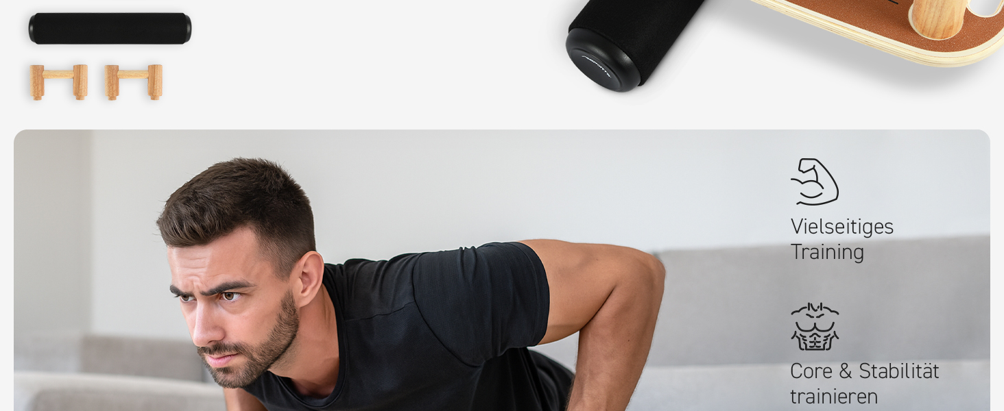 MSPORTS Push-Up Board Holz Premium: Дошка для віджимань з роликом – багатофункціональна дошка для тренування кора, балансу та сили – 15 положень, масивні ручки, антиковзаюча, обладнання для фітнесу для дому