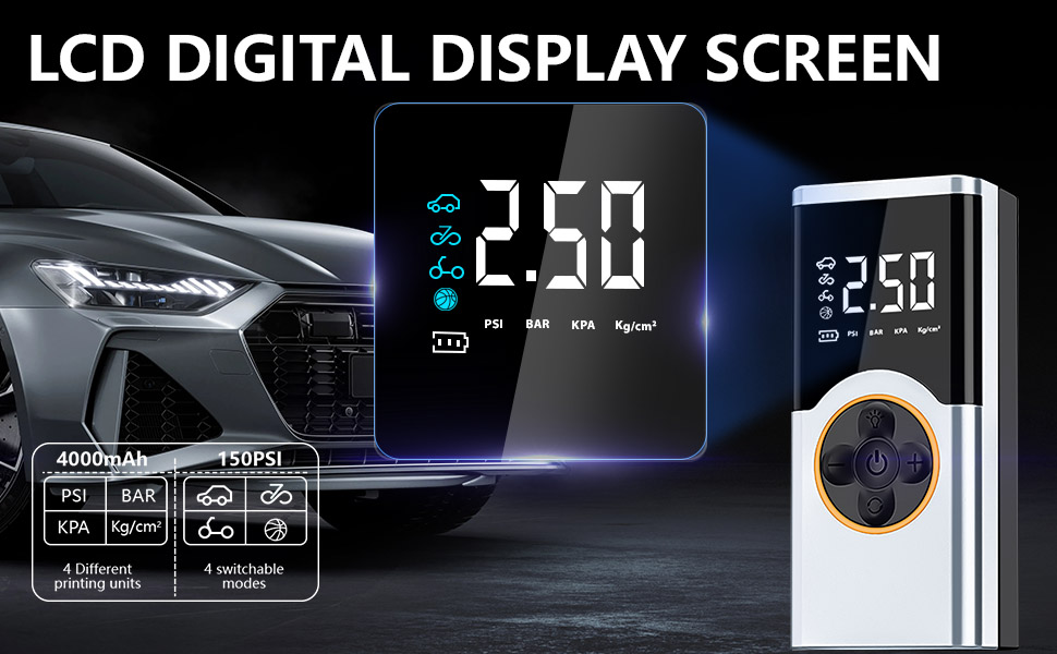 Електричний компресор LOVPIS для велосипеда, авто, мотоцикла, м'ячів (150PSI, 4000mAh)