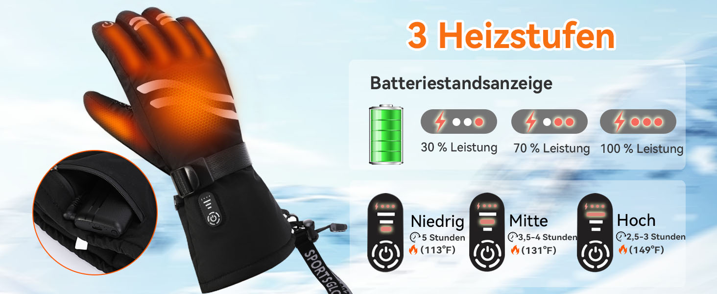 Електричні гріючі рукавички для чоловіків та жінок, з акумулятором 2600mAh, 3 режими нагріву, водонепроникні, чорні