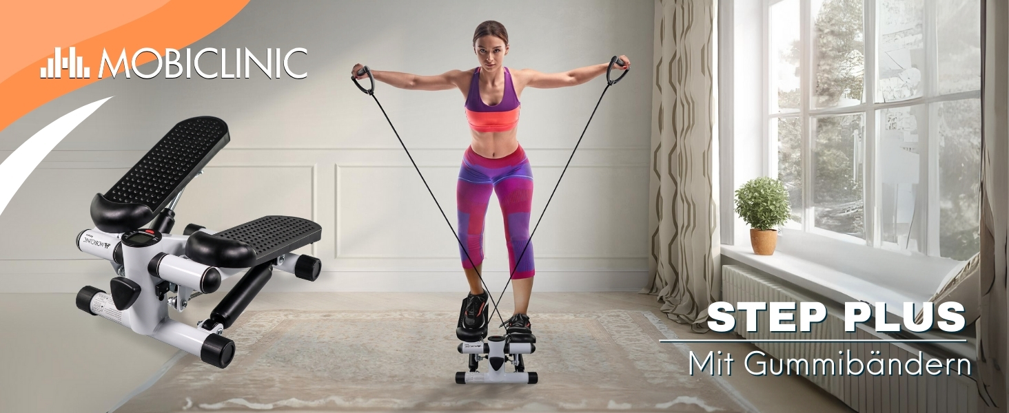 Mobiclinic® Fitness Stepper 2 в 1 Step Plus з тросами, багатофункціональний тренажер для дому, LCD дисплей, навантаження до 100 кг, регулювання опору