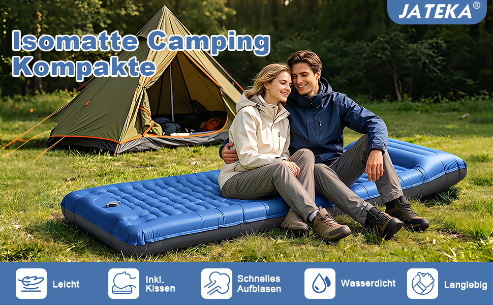 Каремат надувний JATEKA Isomatte Camping 12 см з вбудованим насосом, блакитно-сірий - для кемпінгу, туризму, походу