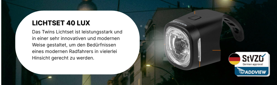 Набір велоліхтарів ADDVIEW, сертифікований StVZO, LED, IP65, водонепроникний - передній + задній ліхтар, USB Type-C, монтаж без інструментів, Twins