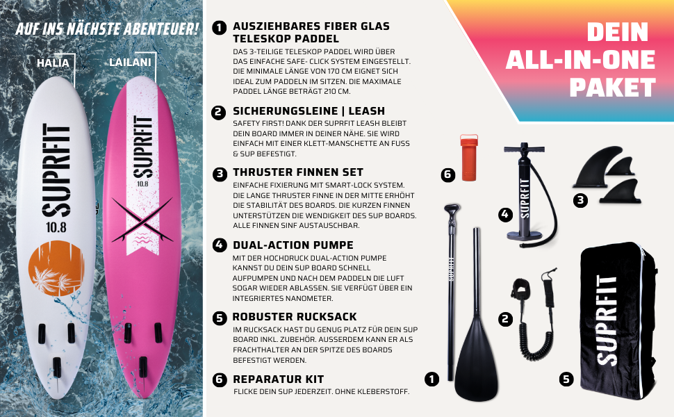 Надувний SUP дошка SUPRFIT для станд-ап паділбордингу, комплект, 330 x 78 x 15 см, до 150 кг, Lailani Black White