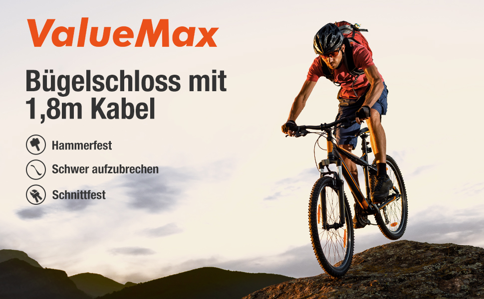 Замок для велосипеда ValueMax Bügelschloss: стале трос 1.8м, кріплення, 2 ключі, 2-в-1 для велосипедів, мотоциклів, MTB, E-Bike