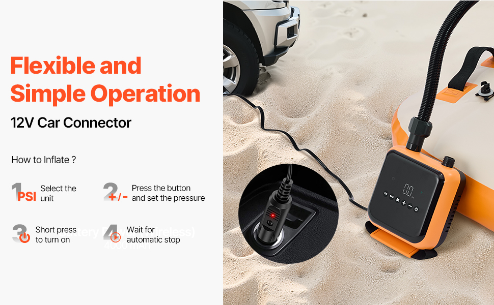 Електрична SUP-насос VEVOR з USB-виходом, 2-ступенева автоматична насос для надувних SUP, наметів, 40 PSI, 12V DC, LED-підсвічування