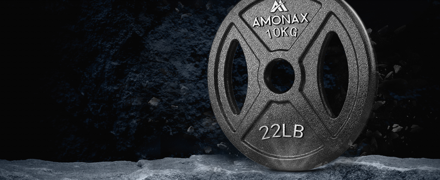 Набір чавунних вагових пластин Amonax, 2,5 кг, 5 кг, 10 кг Набір гантелей для олімпійських ваг 25 мм і 50 мм Гантель, металеві вагові пластини для важкої атлетики та тяги стегнами, вагові пластини для домашнього тренажерного залу 50 мм - 10 кг x 2