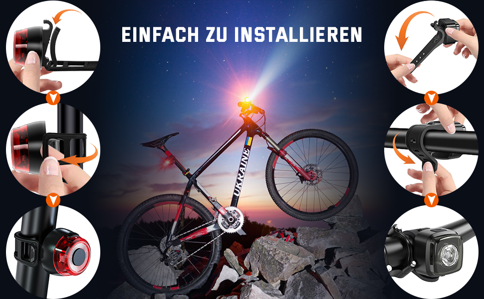 Набір LED-ліхтарів для велосипеда Apkezel, StVZO, USB, водонепроникні, передній + задній ліхтар