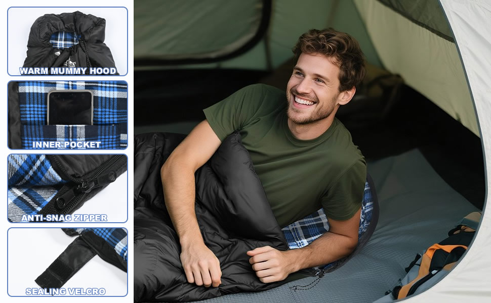Спальний мішок Baumwoll-Flanell для дорослих, 100% бавовняний, для кемпінгу, походів, 3-4 сезони (Чорний/Блакитний)