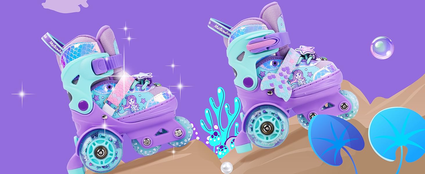Дитячі ролики Meerjungfrau для дівчаток, 4 розміри, регульовані, з підсвічуванням, 3 колеса, фіолетовий