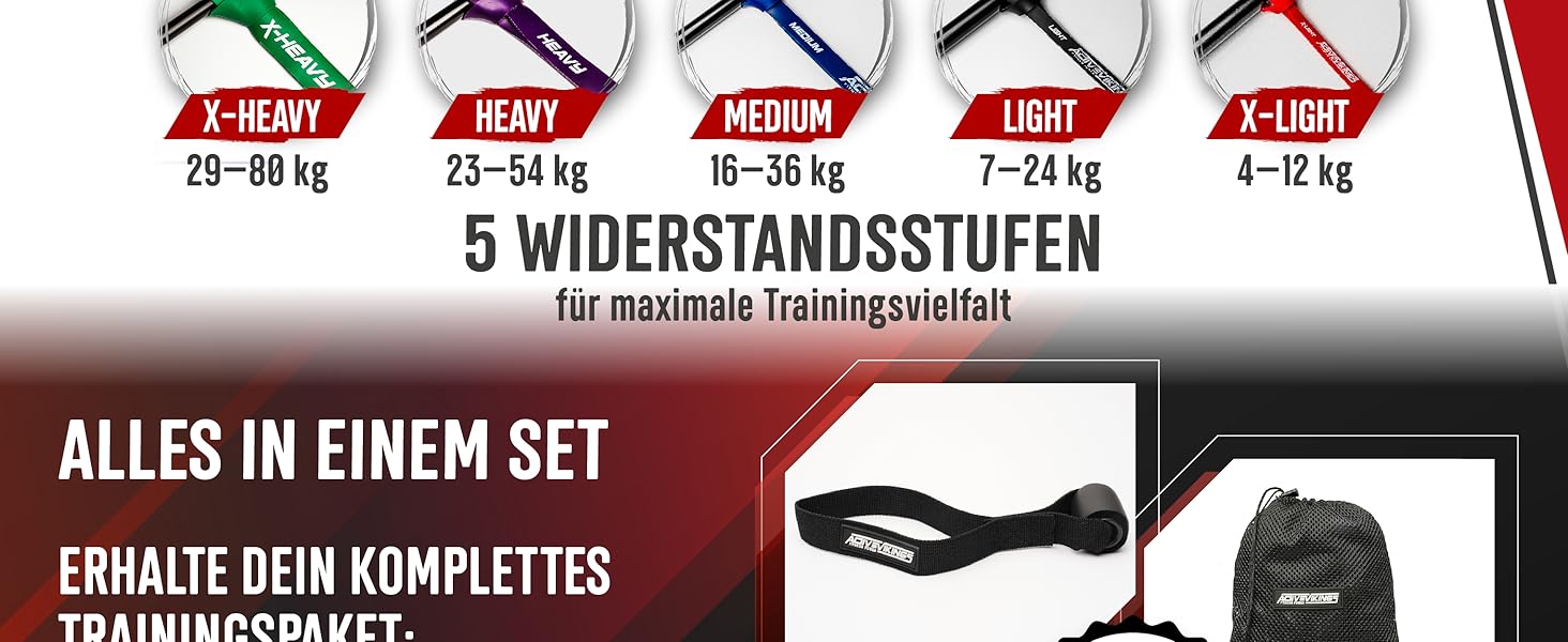 Фітнес-гумки для фітнесу та калістеніки: набір або окремо з сумкою, дверним анкером та інструкцією – ідеально для дому та спортзалу (червоний, чорний, синій)