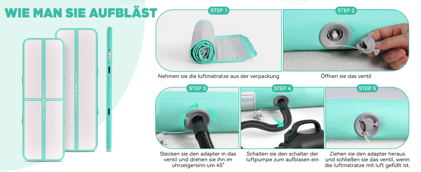 Airtrack SportBob Matte - килимок для гімнастики та йоги, 2/3/4/5/6м, 10/15см, з електричним насосом 600W, для дому та спорту