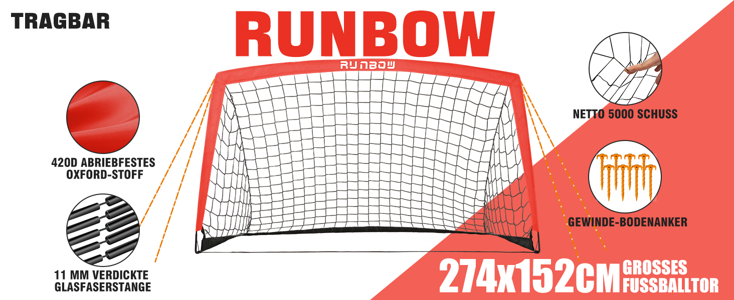 Ворота для футболу RUNBOW для дітей, портативні, для двору, дитячі тренування, з сумкою для перенесення, 2.7 x 1.5 м (Червоні, 274 x 152 см, 2 шт.)