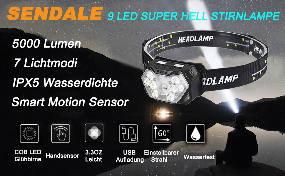 LED налобний ліхтар 5000 люмен з акумулятором, 9 LED, з червоним світлом та датчиком руху, 7 режимів, водонепроникний IPX6, для їзди вночі, кемпінгу та ремонту