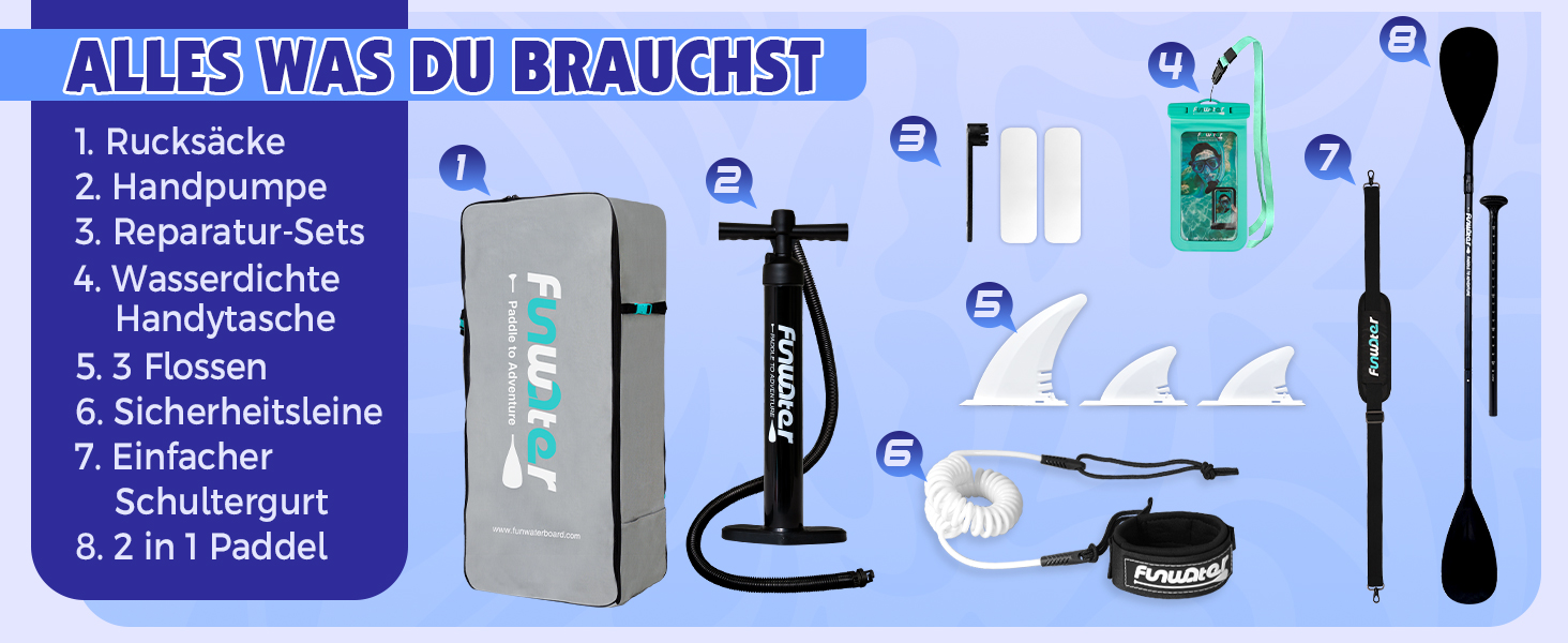 Надувний SUP Борд FunWater 10'6'–11'6' для всіх рівнів підготовки, з антиковзким EVA-деком, веслом, насосом та аксесуарами. Колір: блакитний/білий