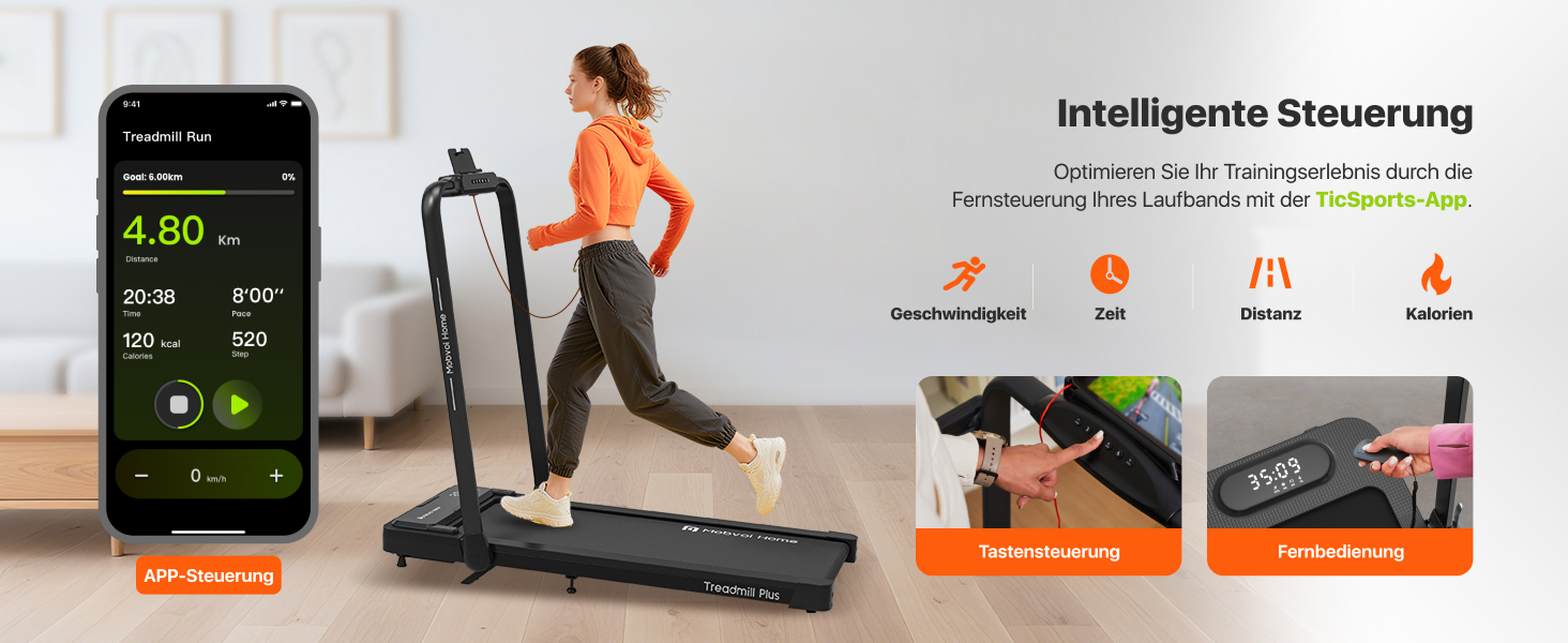 Біговий тренажер Mobvoi Home Laufband Plus: Розумний AI 3-в-1, складний, 2.5 PS, LED-дисплей, динаміки, велика поверхня для бігу, додаток TicSports, до 120 кг, швидкість до 12 км/год, регулювання нахилу