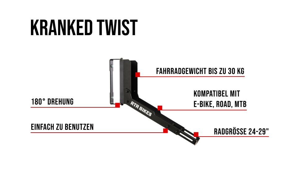 Кріплення для велосипеда RTR BIKES Kranked Twist – поворотне на 180°, для електровелосипедів та MTB до 30 кг, підходить для коліс 24-29 дюймів та шин 3,5
