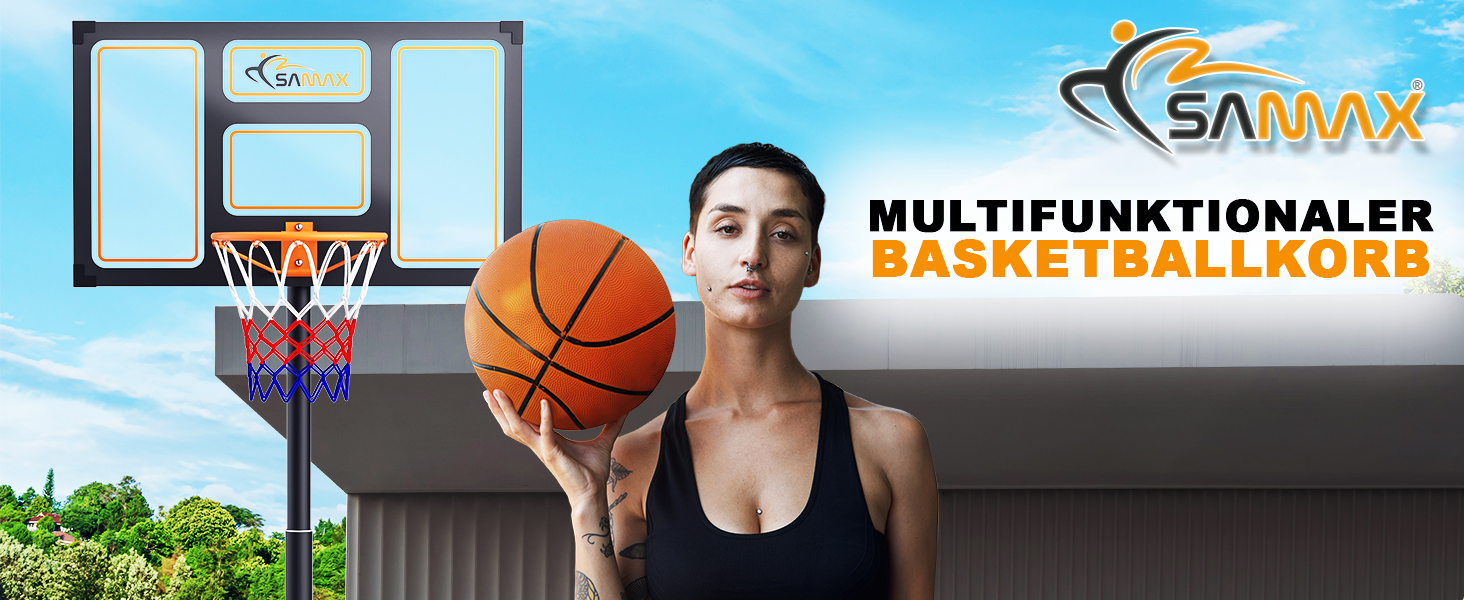 Баскетбольний кошик SAMAX на стійці, регульована висота 100-305 см, з колесами, сітка в комплекті. Підходить для гри в саду, на спортивному майданчику та полі, для дорослих та дітей.