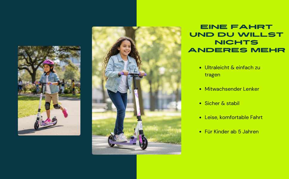 Самокат міський Bergen City Scooter Sonic - алюмінієвий, колеса PU 145мм, амортизатор, гальмо заднє, регульована висота (5+ років), легкий, білий/чорний/рожевий/фіолетовий