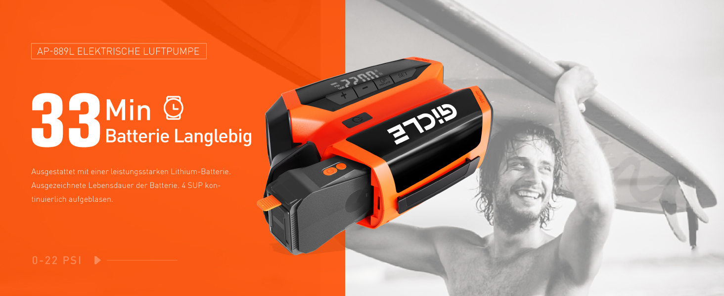 GICLE Електрична SUP-насос з акумулятором та портативним павербанком, 22 PSI, для SUP, човнів, наметів, каяків, перезаряджається (EU стандарт)